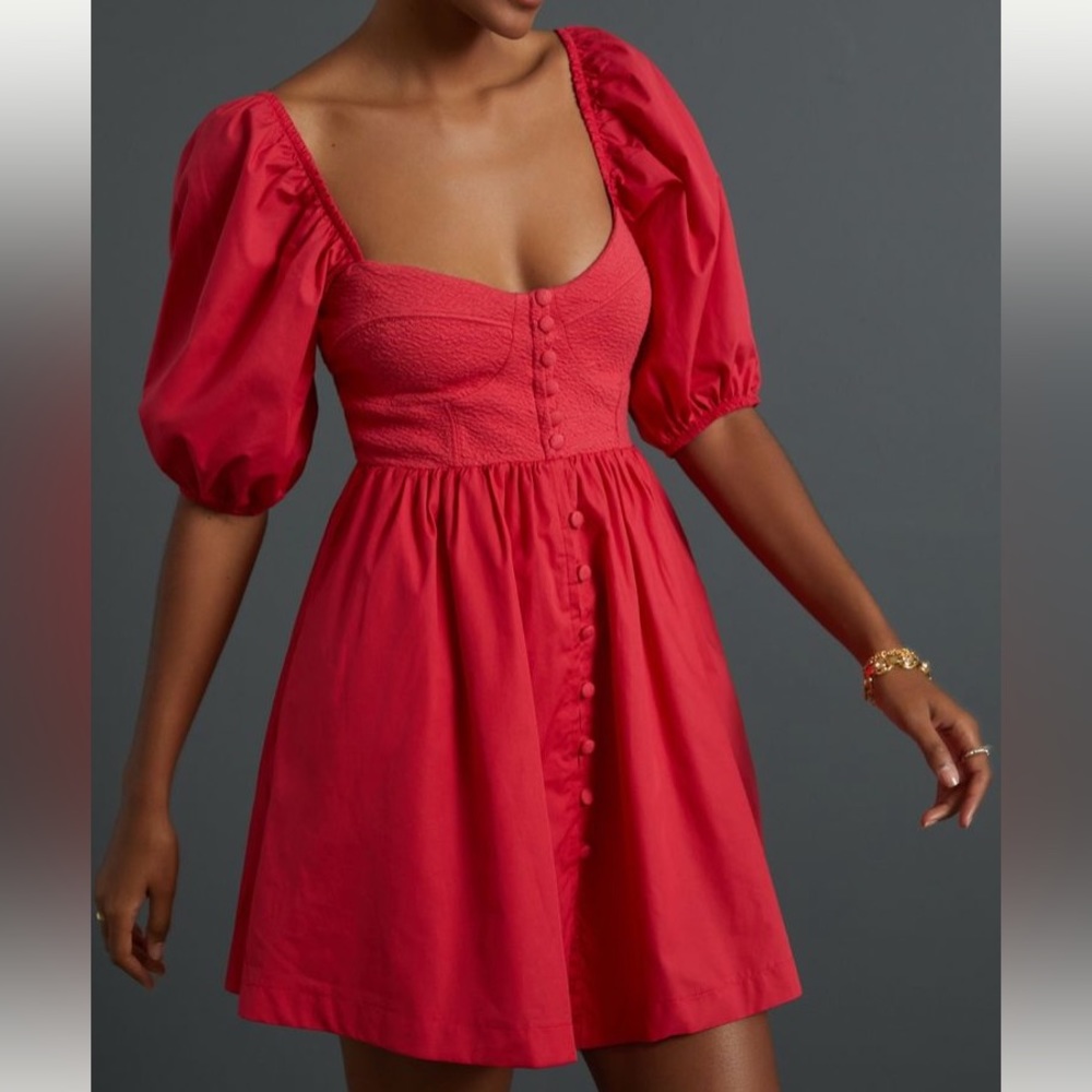 Maeve Anthropologie Puffed-Sleeved Sweetheart Mini Dress